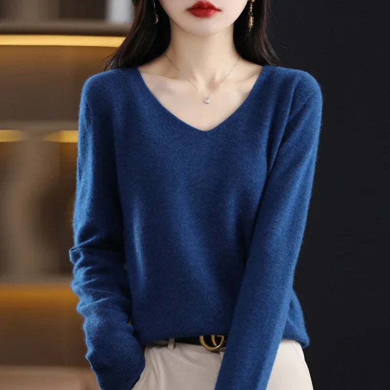 100% pure wool 2024 autumn and winter new cashmere sweater women's V-neck pullover fashion solid color long sleeve pullover