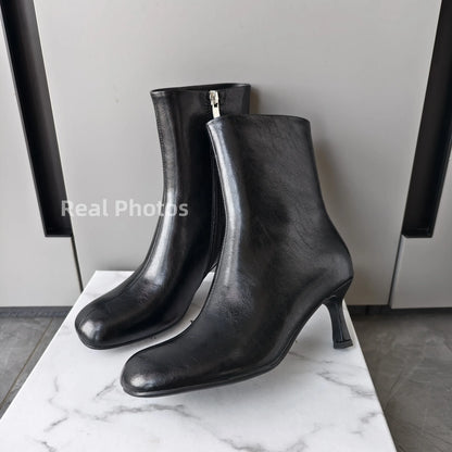FEDONAS Fashion Women Genuine Leather Thin High Heels Warm Autumn Winter Ankle Boots Round Toe Short Elegant Short Boots Shoes