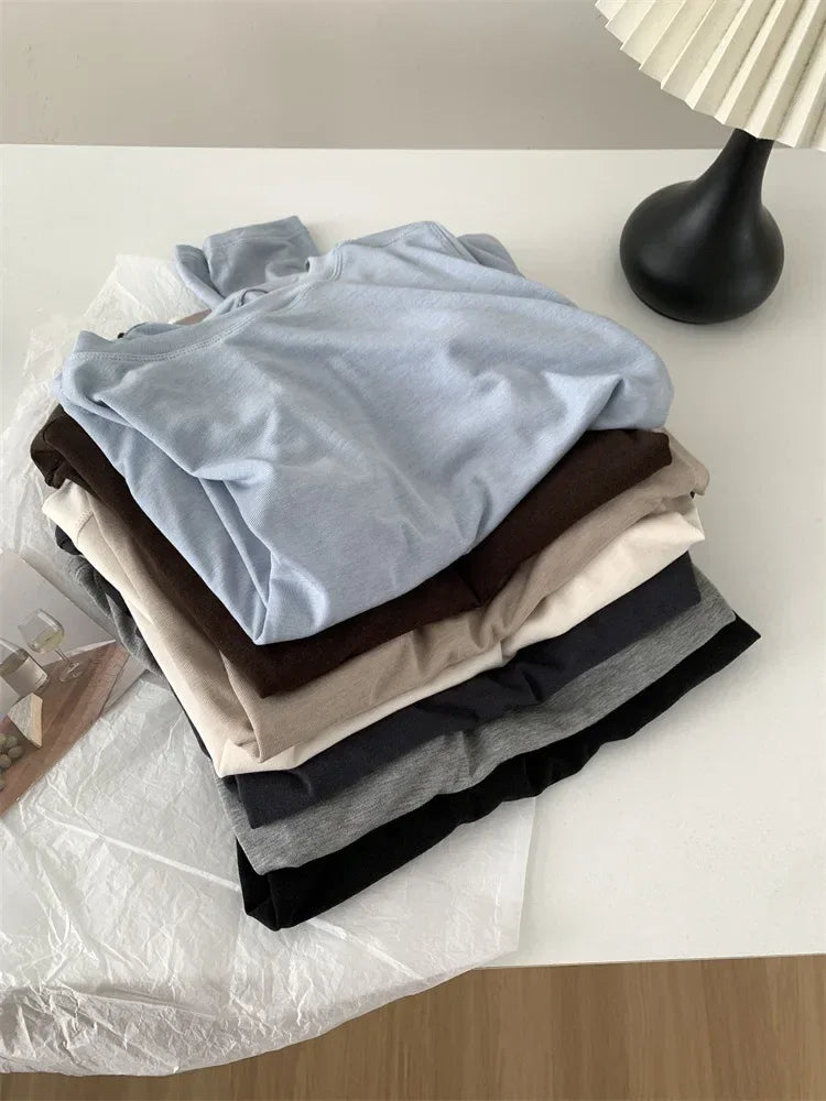 Silk Wool Splice Long Sleeve T-shirt Women Spring Summer Thin Soft Waxy Fit Solid Color Backing Top