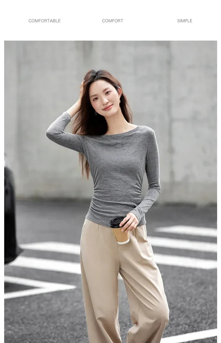 VIMLY Tops Woman 2025 Autumn French Slash Neck Long Sleeve Ladies T-shirts Casual Knitted Slim Fit Strecth Female Tees A3039