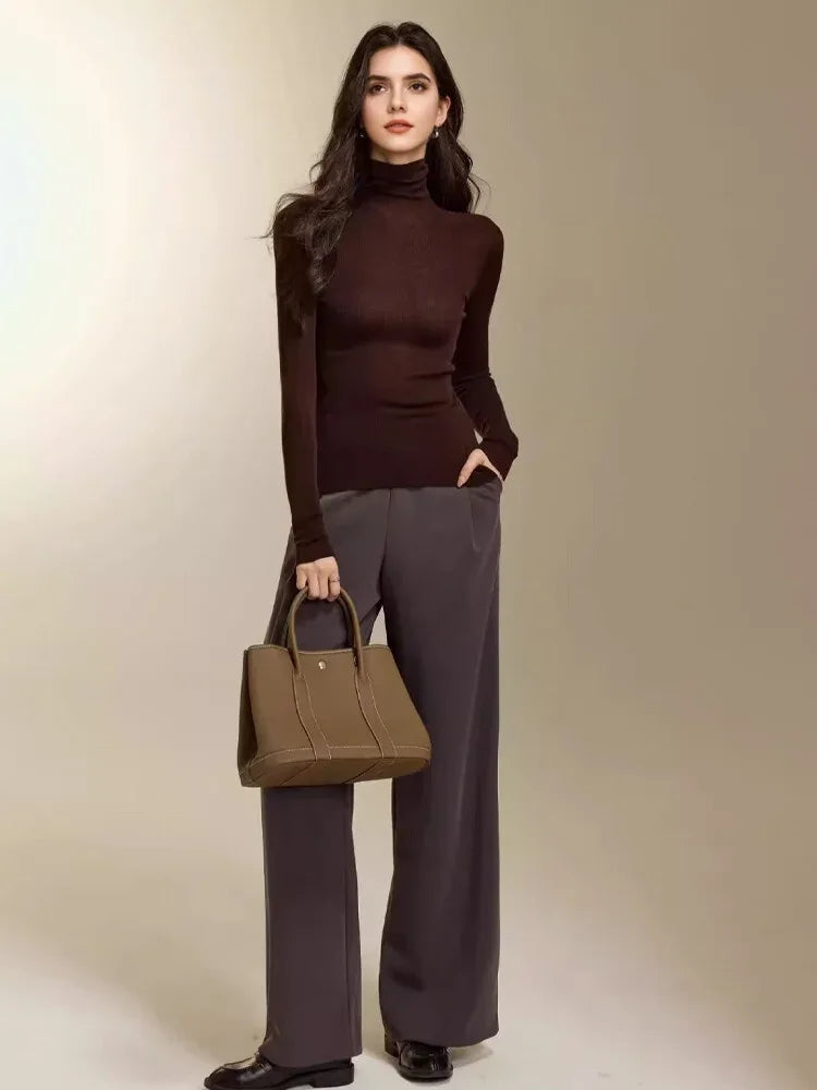 SuyaDream, Women Turtleneck Pullovers, 100%Merino Wool, High Collar, Whole Garment Sweaters, 2025 Fall Winter Slim Warm Top