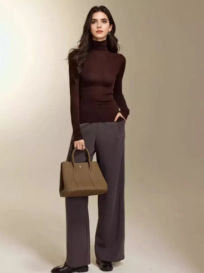 SuyaDream, Women Turtleneck Pullovers, 100%Merino Wool, High Collar, Whole Garment Sweaters, 2025 Fall Winter Slim Warm Top