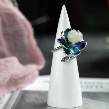 Natural Hetian  jade Enamel Porcelain Lotus Canopy Open Ring Chinese Retro Designer Style original Design Silver jewelry