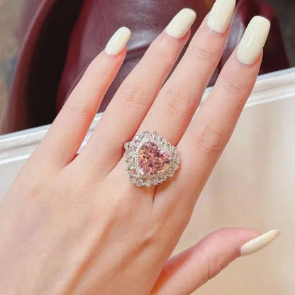 Romantic and creative Full Diamond Pink Gem Heart shaped rings for women Trendy silver 925 Sparkling Ring Engagement Jewelry