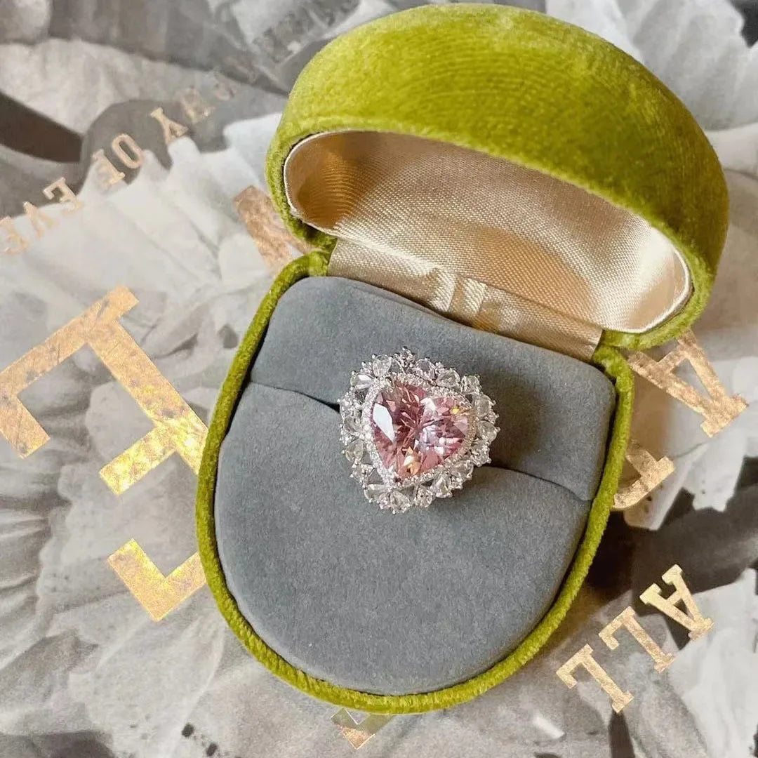 Romantic and creative Full Diamond Pink Gem Heart shaped rings for women Trendy silver 925 Sparkling Ring Engagement Jewelry