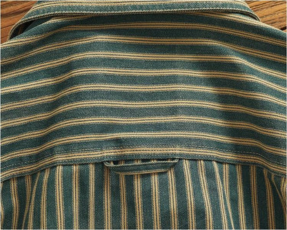 Retro Waed Distred Blue Vertical Stripe Trendy Denim irt Men's Loose American Long Sve Workwear irt Coat