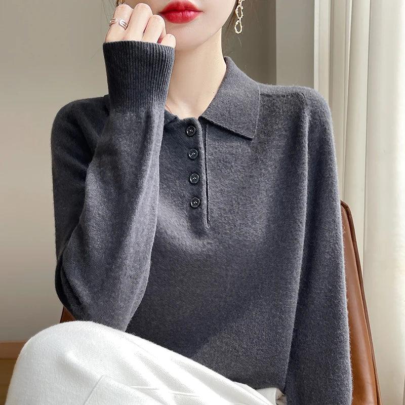Polo Neck Pullover 100% Merino Wool Women's Solid Color Knit Top Fashion Korean Sweater Autumn and Winter Women's Clothes