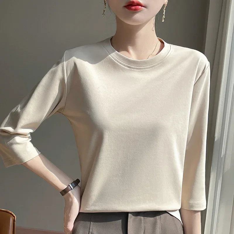 Mercerized Cotton Cropped Sleeve Female Spring And Summer 2023 New Round Neck Loose 100% Cotton Short Sleeve Bottoming T-Shirt