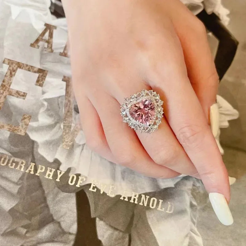 Romantic and creative Full Diamond Pink Gem Heart shaped rings for women Trendy silver 925 Sparkling Ring Engagement Jewelry