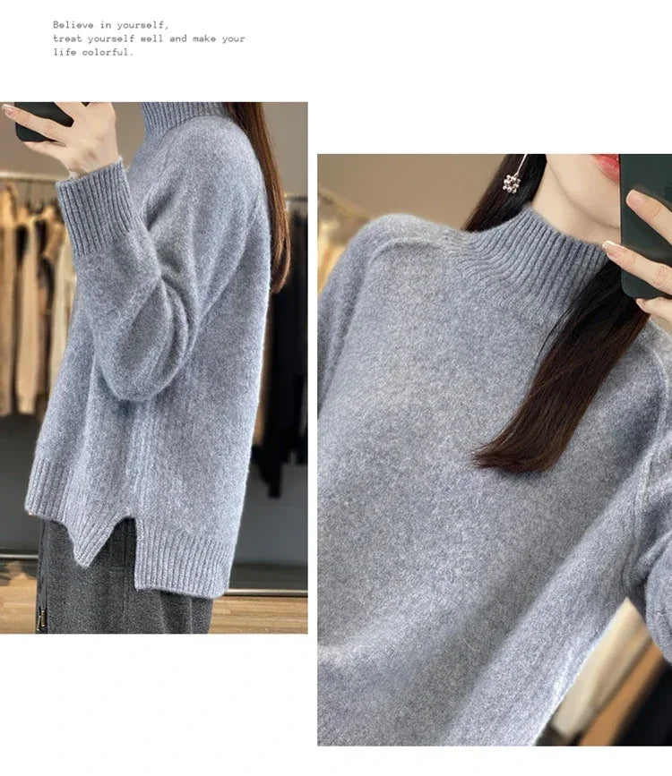 Women's High-Necked Cashmere Sweater 100% Soft Wool Thickened Lazy Raglan Sweater with Slit for Autumn Winter Comfortable Waxy W