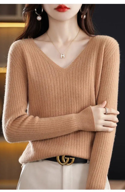 Chic Casual Autumn Winter Basic Sweater Pullovers Women V-neck Solid Knit Loose Pullover Female Long Sleeve Warm Khaki Sweater