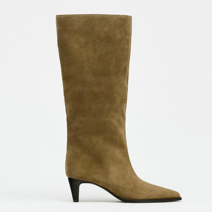 QUTAA Fashion Winter Women Knee High Boots Cow Suede Autumn Shoes Pointed Toe Buckles Chunky High Heels Motorcycle Boots 34-43