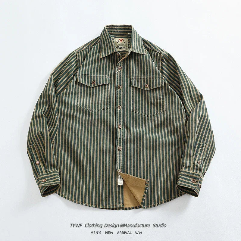 Retro Waed Distred Blue Vertical Stripe Trendy Denim irt Men's Loose American Long Sve Workwear irt Coat