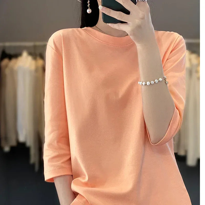 Mercerized Cotton Cropped Sleeve Female Spring And Summer 2023 New Round Neck Loose 100% Cotton Short Sleeve Bottoming T-Shirt