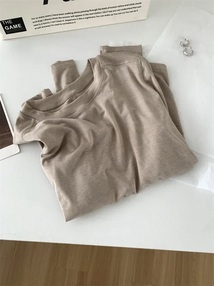Silk Wool Splice Long Sleeve T-shirt Women Spring Summer Thin Soft Waxy Fit Solid Color Backing Top