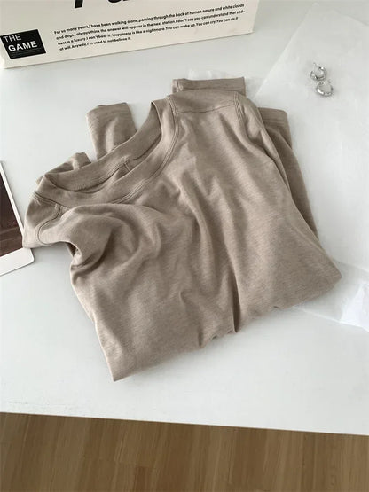 Silk Wool Splice Long Sleeve T-shirt Women Spring Summer Thin Soft Waxy Fit Solid Color Backing Top