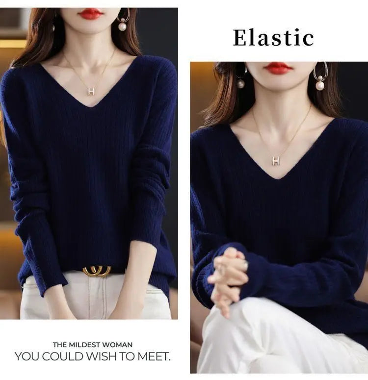 Chic Casual Autumn Winter Basic Sweater Pullovers Women V-neck Solid Knit Loose Pullover Female Long Sleeve Warm Khaki Sweater