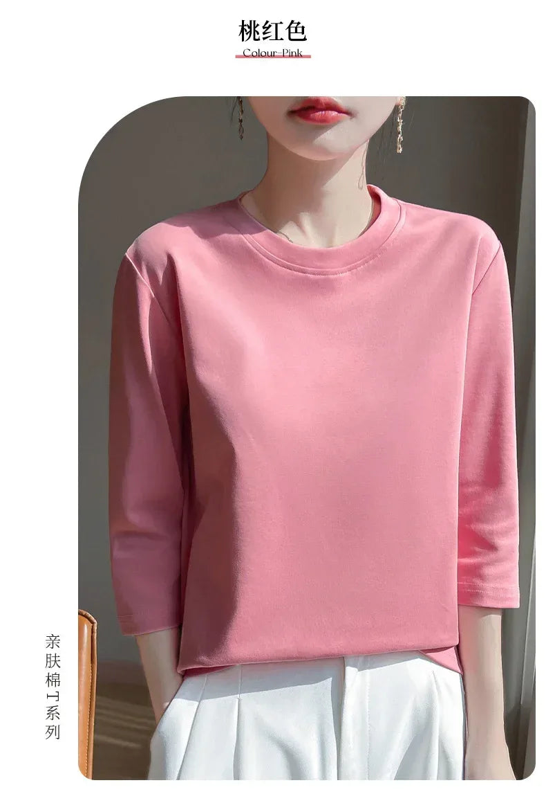 Mercerized Cotton Cropped Sleeve Female Spring And Summer 2023 New Round Neck Loose 100% Cotton Short Sleeve Bottoming T-Shirt