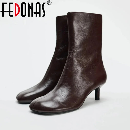 FEDONAS Fashion Women Genuine Leather Thin High Heels Warm Autumn Winter Ankle Boots Round Toe Short Elegant Short Boots Shoes