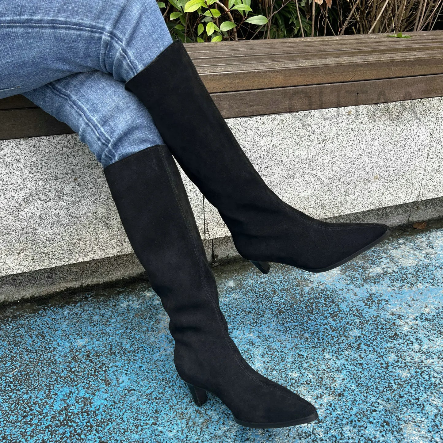 QUTAA Fashion Winter Women Knee High Boots Cow Suede Autumn Shoes Pointed Toe Buckles Chunky High Heels Motorcycle Boots 34-43
