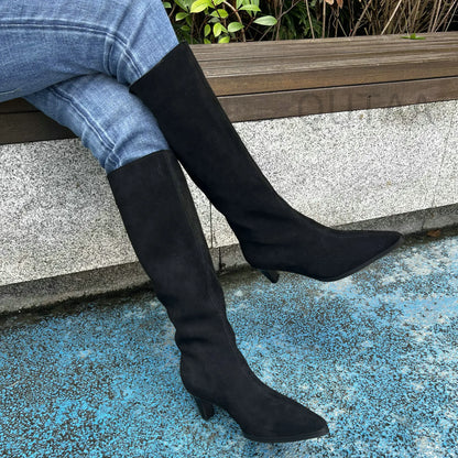 QUTAA Fashion Winter Women Knee High Boots Cow Suede Autumn Shoes Pointed Toe Buckles Chunky High Heels Motorcycle Boots 34-43