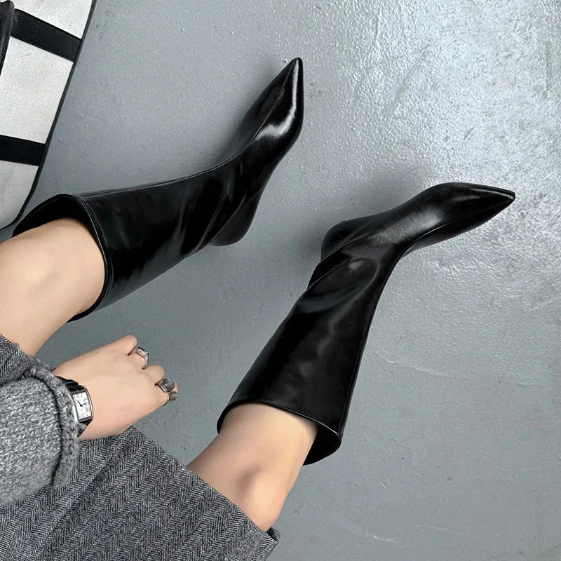 QUTAA News Fashion Winter Women Knee High Boots Pointed Toe Woman Shoes Low Kitten Heels Cow Leather Long Boots Dress Size 34-43