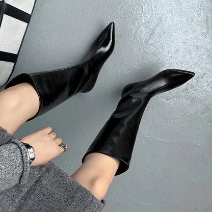 QUTAA News Fashion Winter Women Knee High Boots Pointed Toe Woman Shoes Low Kitten Heels Cow Leather Long Boots Dress Size 34-43