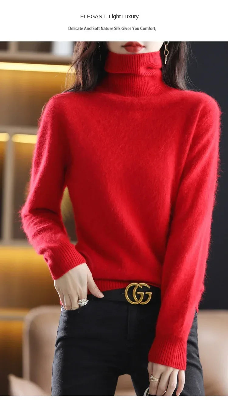 New Women's Clothing For Autumn/Winter 2024 100% Mink Plush Turtleneck Pullover Sweater Ladies Cashmere Sweater Dbr-018