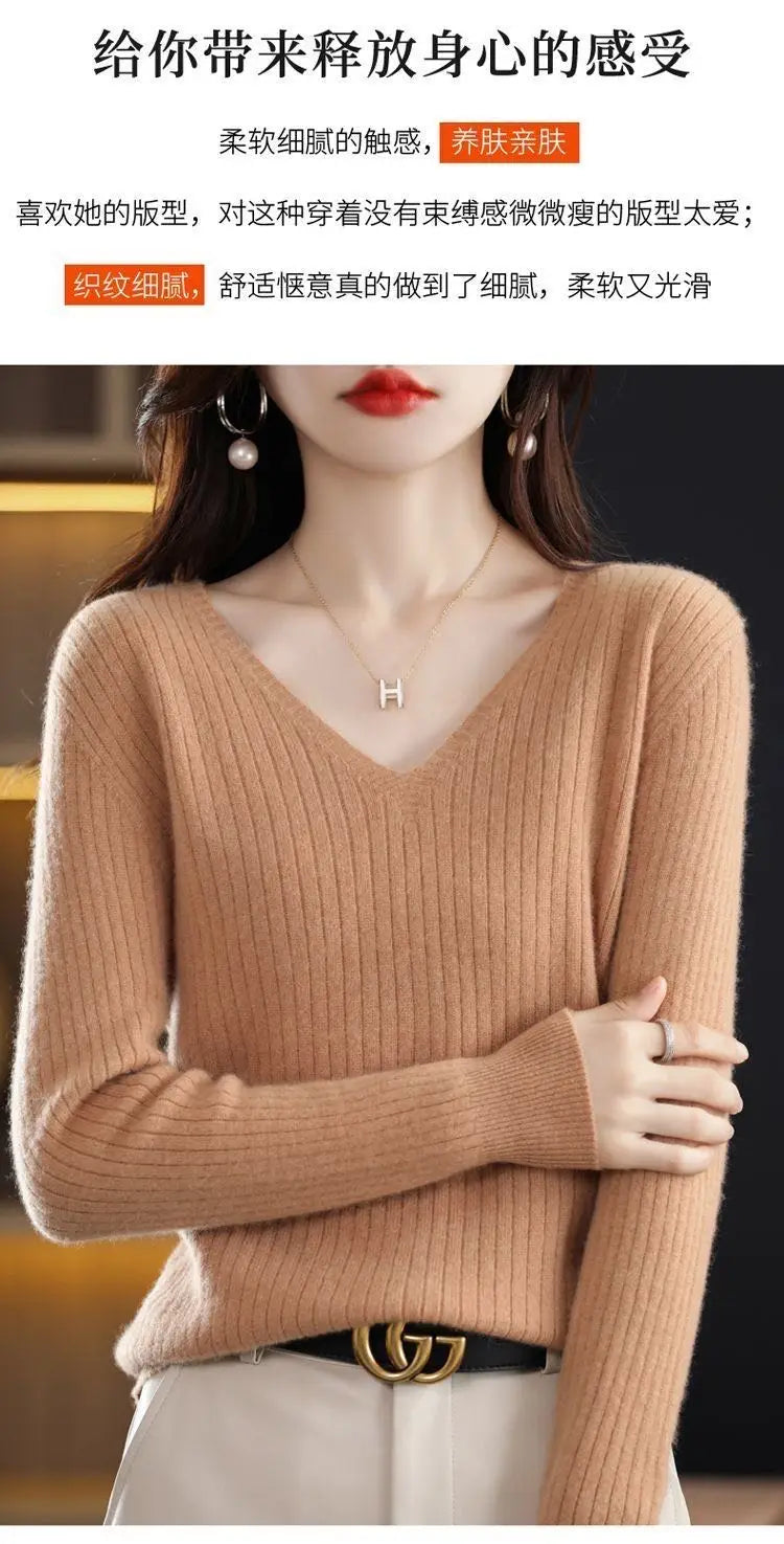 Chic Casual Autumn Winter Basic Sweater Pullovers Women V-neck Solid Knit Loose Pullover Female Long Sleeve Warm Khaki Sweater
