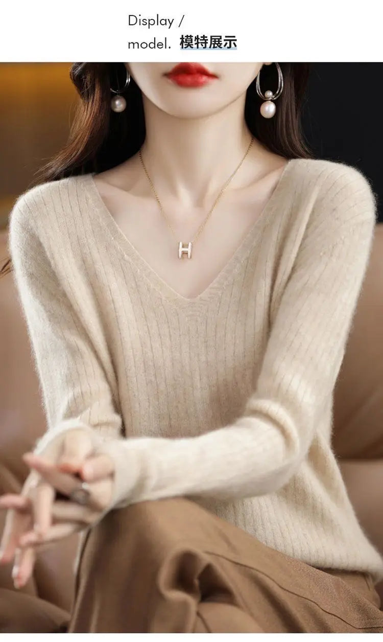 Chic Casual Autumn Winter Basic Sweater Pullovers Women V-neck Solid Knit Loose Pullover Female Long Sleeve Warm Khaki Sweater