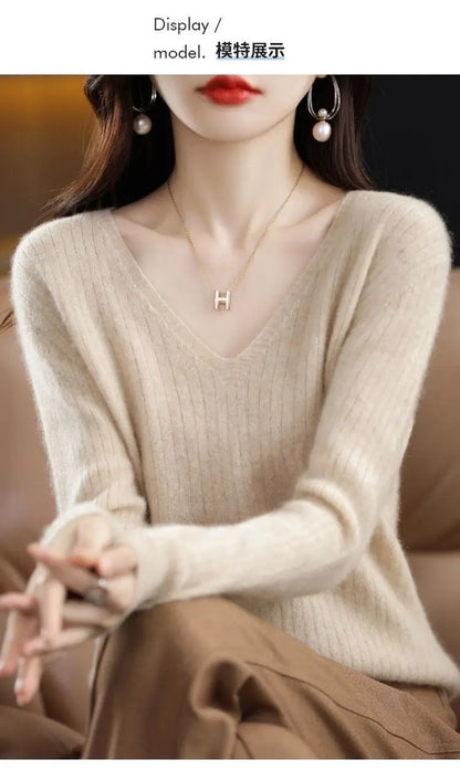 Chic Casual Autumn Winter Basic Sweater Pullovers Women V-neck Solid Knit Loose Pullover Female Long Sleeve Warm Khaki Sweater