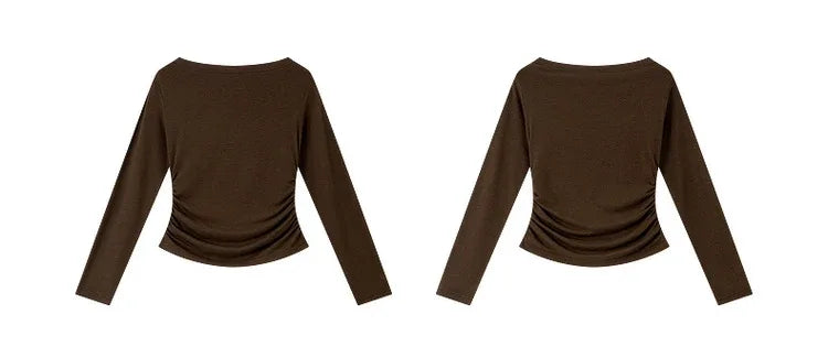 VIMLY Tops Woman 2025 Autumn French Slash Neck Long Sleeve Ladies T-shirts Casual Knitted Slim Fit Strecth Female Tees A3039