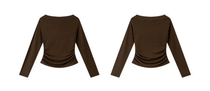 VIMLY Tops Woman 2025 Autumn French Slash Neck Long Sleeve Ladies T-shirts Casual Knitted Slim Fit Strecth Female Tees A3039
