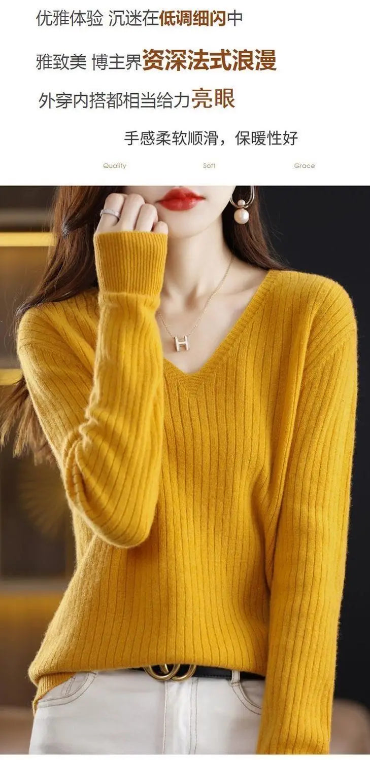 Chic Casual Autumn Winter Basic Sweater Pullovers Women V-neck Solid Knit Loose Pullover Female Long Sleeve Warm Khaki Sweater