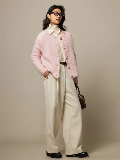 SuyaDream, Women Cardigans, 78%Alpaca, O Neck, Single breasted Solid Sweaters, 2025 Fall Winter Warm Jackets, White, Grey, Pink