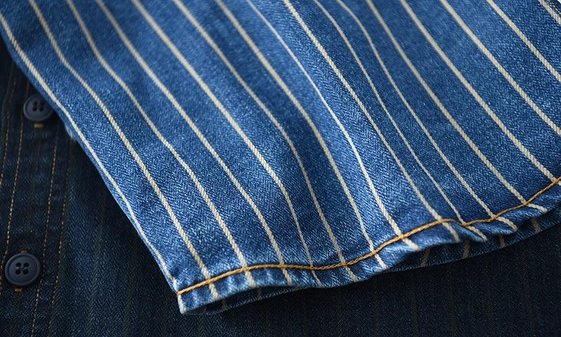 Retro Japanese Sle Men's Denim irt Cotton Long Sve Waed Striped Workwear Loose Fit Outerwear Faion Urban Youth