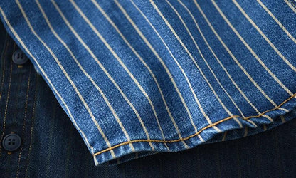 Retro Japanese Sle Men's Denim irt Cotton Long Sve Waed Striped Workwear Loose Fit Outerwear Faion Urban Youth