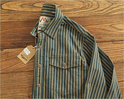 Retro Waed Distred Blue Vertical Stripe Trendy Denim irt Men's Loose American Long Sve Workwear irt Coat
