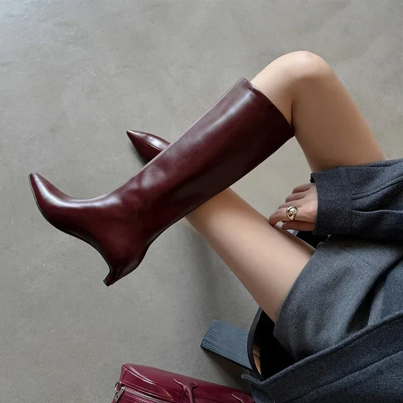 QUTAA News Fashion Winter Women Knee High Boots Pointed Toe Woman Shoes Low Kitten Heels Cow Leather Long Boots Dress Size 34-43