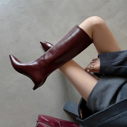 QUTAA News Fashion Winter Women Knee High Boots Pointed Toe Woman Shoes Low Kitten Heels Cow Leather Long Boots Dress Size 34-43