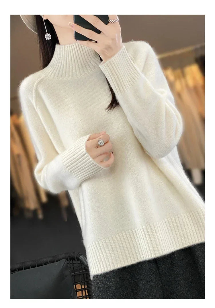 Women's High-Necked Cashmere Sweater 100% Soft Wool Thickened Lazy Raglan Sweater with Slit for Autumn Winter Comfortable Waxy W