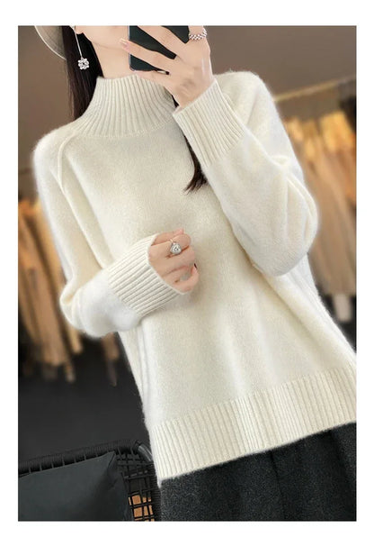 Women's High-Necked Cashmere Sweater 100% Soft Wool Thickened Lazy Raglan Sweater with Slit for Autumn Winter Comfortable Waxy W