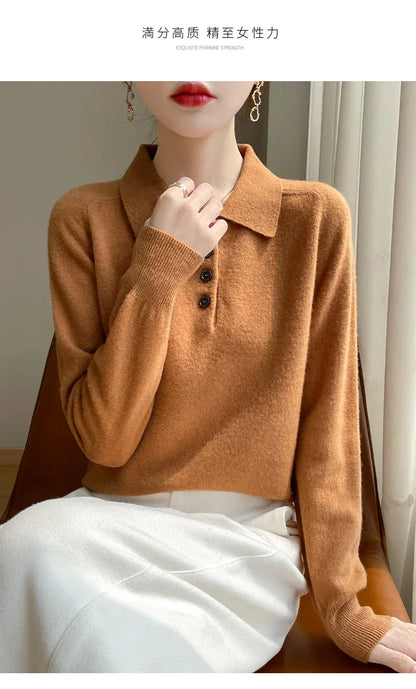 Polo Neck Pullover 100% Merino Wool Women's Solid Color Knit Top Fashion Korean Sweater Autumn and Winter Women's Clothes