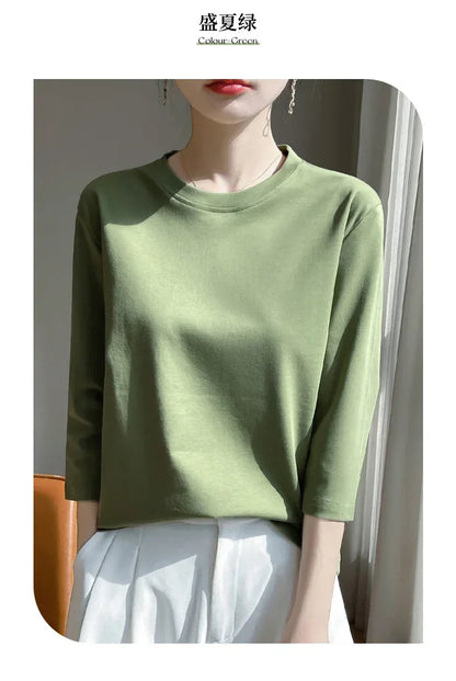 Mercerized Cotton Cropped Sleeve Female Spring And Summer 2023 New Round Neck Loose 100% Cotton Short Sleeve Bottoming T-Shirt