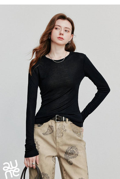 TOYOUTH Women T-shirt  2025 Autumn New Slanted Hem Lyocell Wool Slim Fit Long Sleeve Base Tops