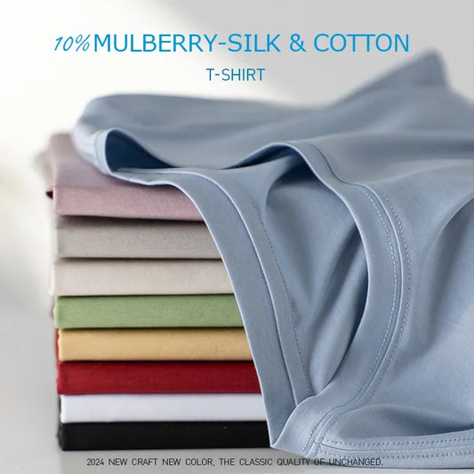 High-end New 10% Silk & Mercerized Cotton Women T-shirt Luxury Tee Short Sleeve Silky Feeling Summer Wear 2025 Tops V / O-neck