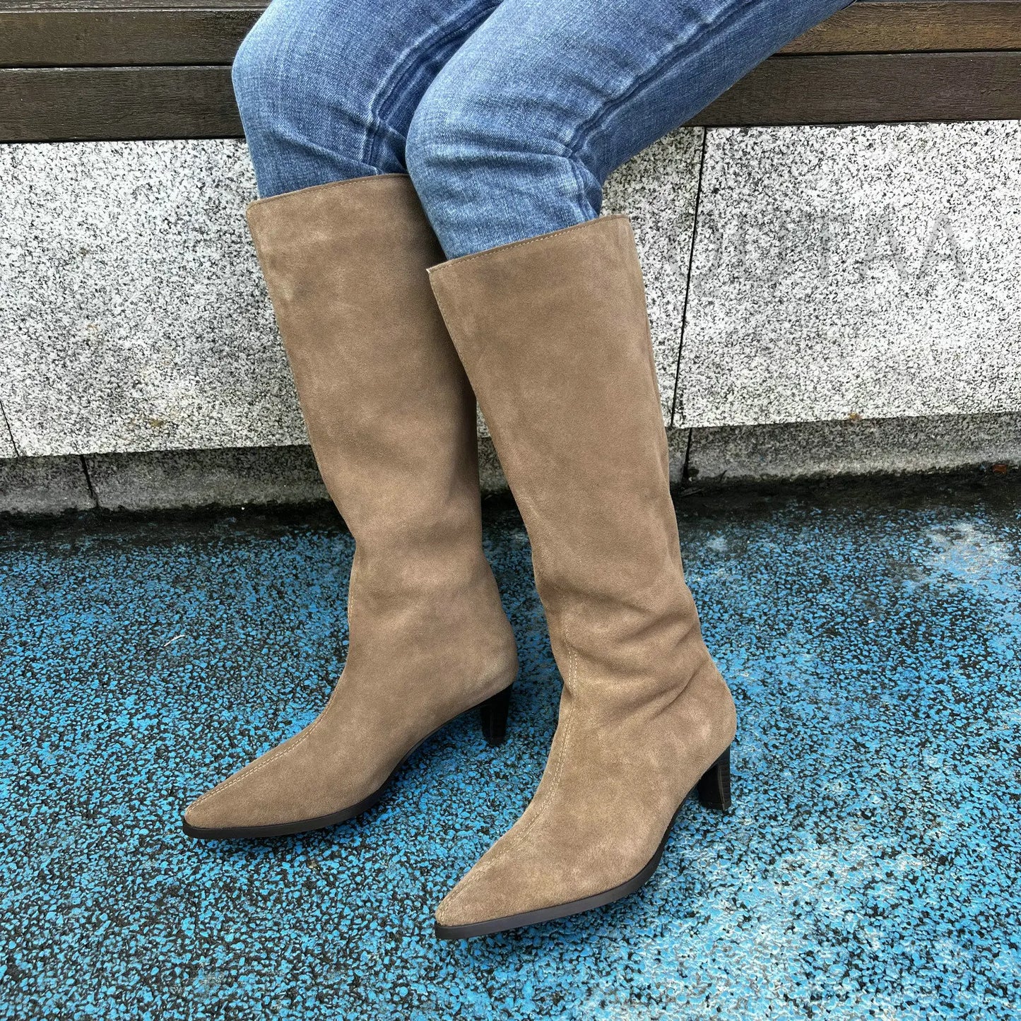 QUTAA Fashion Winter Women Knee High Boots Cow Suede Autumn Shoes Pointed Toe Buckles Chunky High Heels Motorcycle Boots 34-43