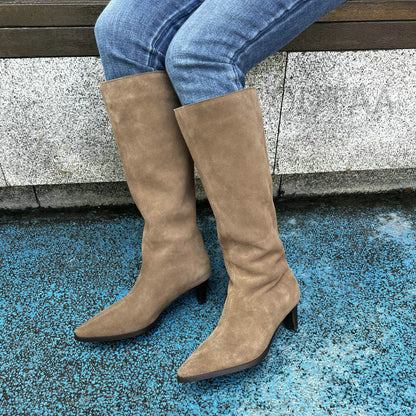 QUTAA Fashion Winter Women Knee High Boots Cow Suede Autumn Shoes Pointed Toe Buckles Chunky High Heels Motorcycle Boots 34-43