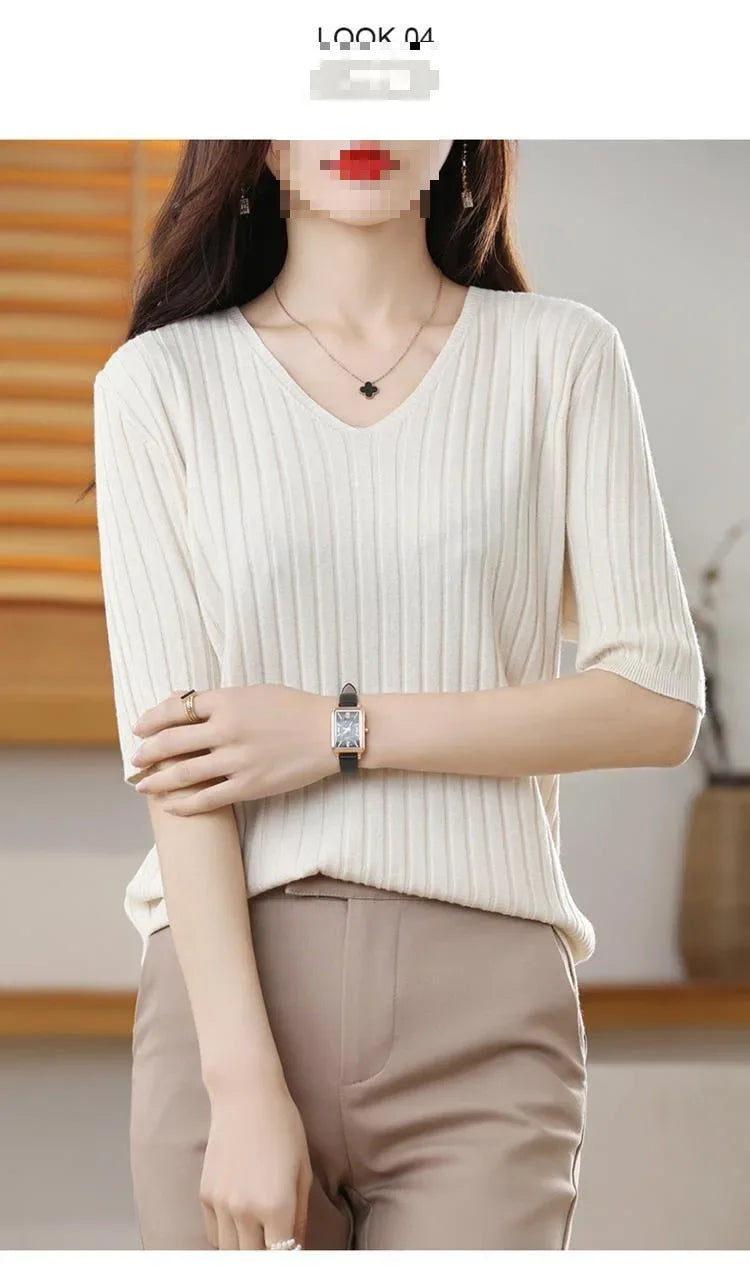 2025 New Spring Summer New Women's V-neck Short-Sleeved Exquisite Cashmere Knitted Sweater Pullover Solid Color