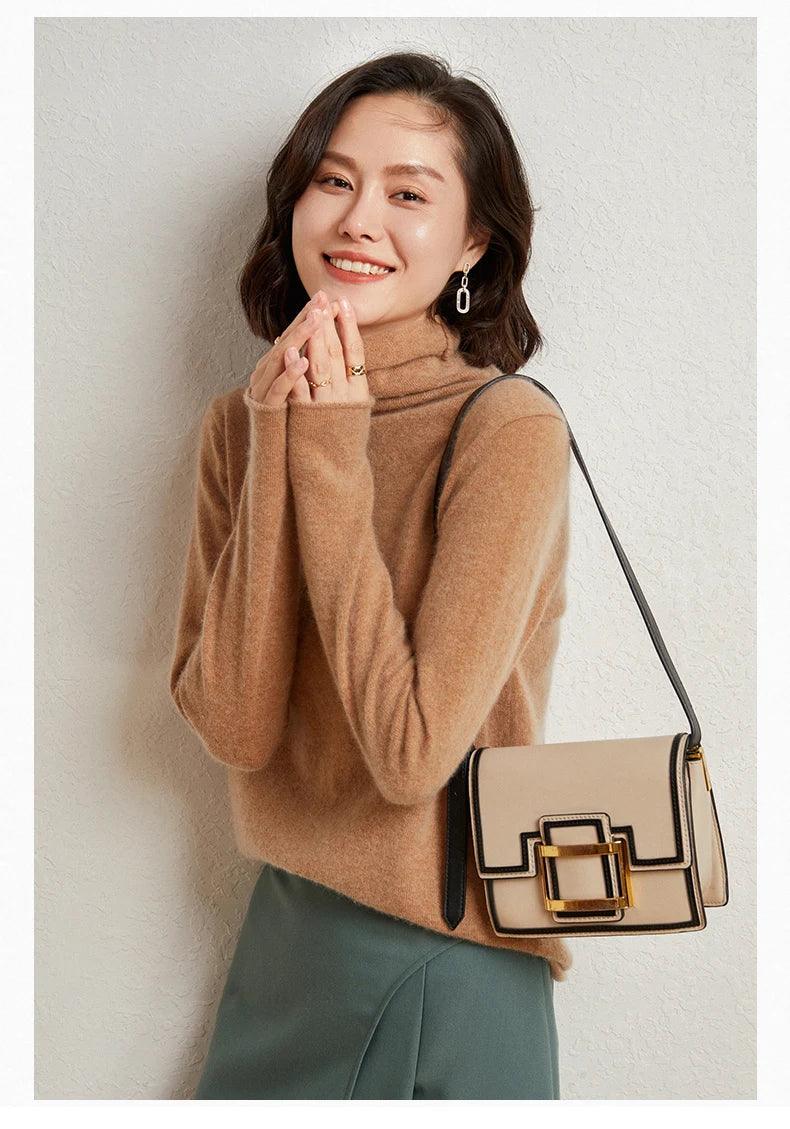 100%Merino Pure Wool Sweater Women's AutumnWinter Long Sleeve High Neck Pullover Warm High Quality Solid Color Basic Knit Jumper